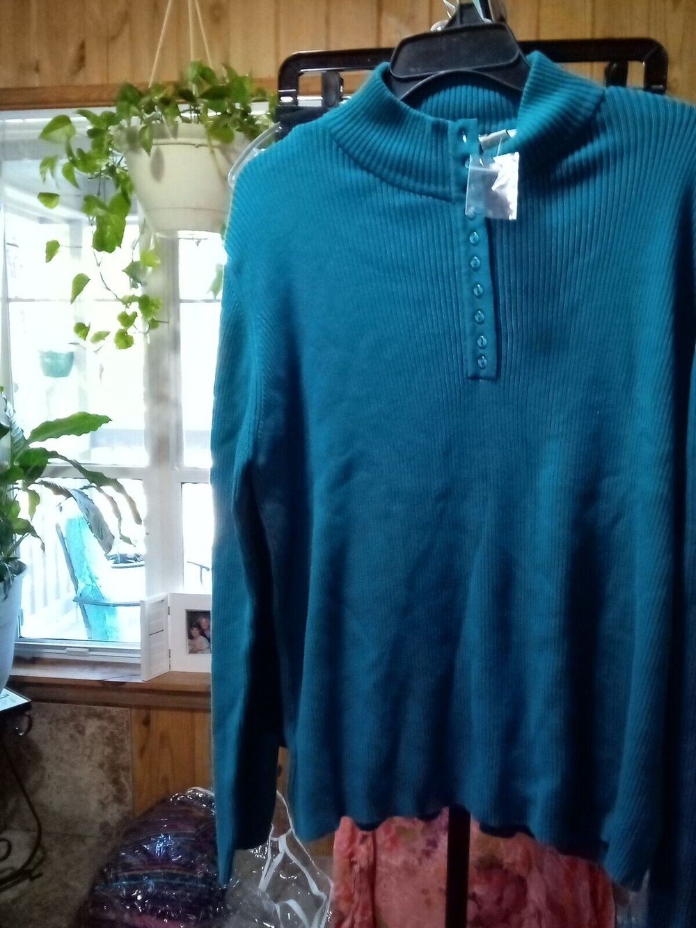 Orvis Sweater Women's XL Aqua Casual Cotton 1/4 Button Mock Neck